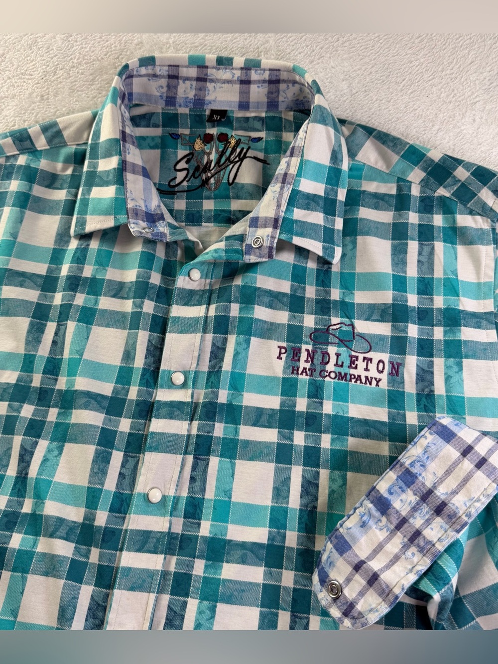 Scully Pendleton Hat Co Western Pearl Snap Shirt XL white teal plaid stretch